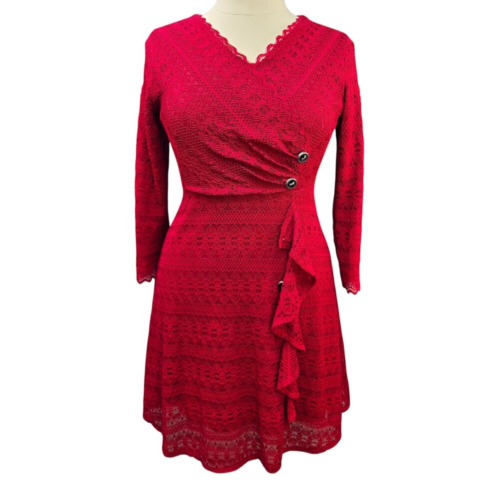 Burgundy Red Lace Faux Wrap Dress Women's XL 3/4 Sleeve Ruffle Accent Scalloped